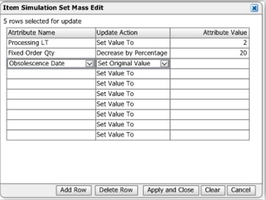 The system displays the number of rows you select in the Item Simulation Set Mass Edit dialog.