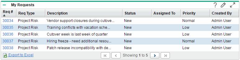 Chapter 5: Using Resource Management for Work Plan and Request Execution My Requests Portlet Request work items can be viewed and updated from the My Requests portlet. Figure 5-12.