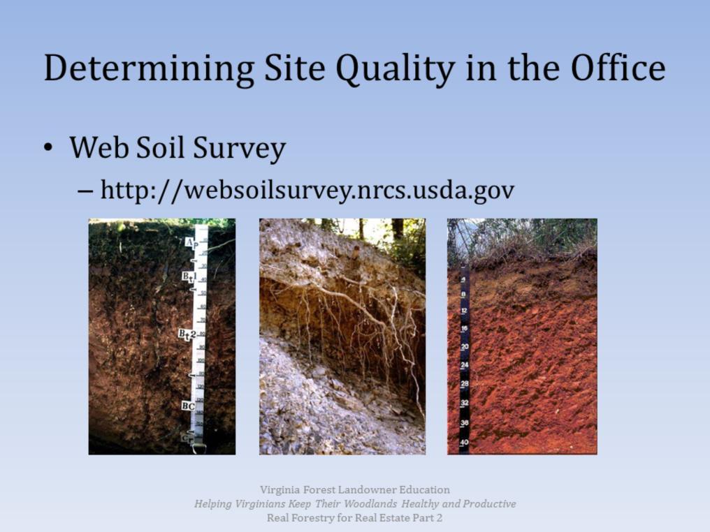 You can also determine a lot of this information in the office. The Natural Resources Conservation Service has developed a tool called the Web Soil Survey.