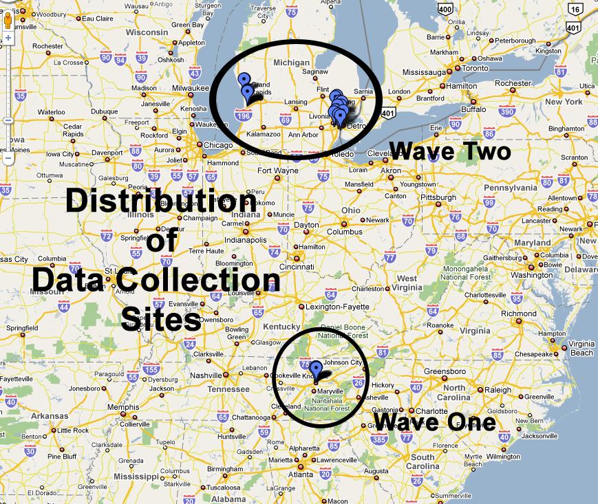 Figure 1. Distribution of data collection sites. The blue dots represent participating organizations. structure of the sample.
