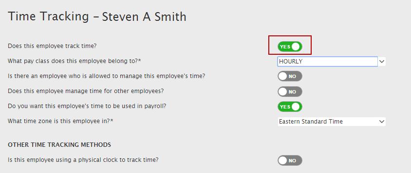 In the To Do section, click the Complete link for the employee you are hiring. 2. In the Does this employee track time field, select Yes.