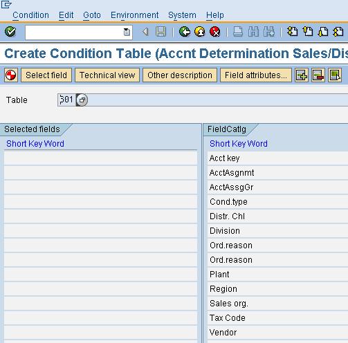 Select the required fields (the fields you want to be part of customized condition table) from column FieldCatlg. Save the changes.