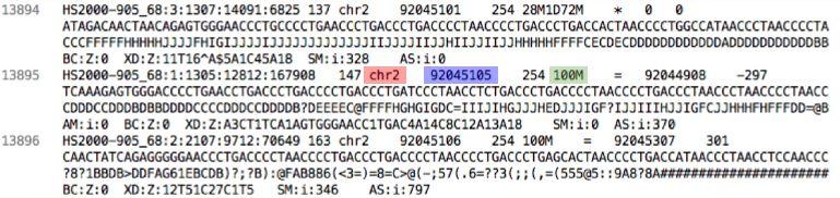 Aligned sequences - SAM format SAM aligned reads Chromosome to which the read aligns Position in chromosome to which 5' end of the read aligns