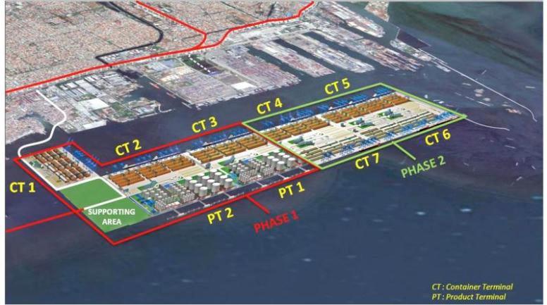 New Priok Development PHASE 1 DEVELOPMENT : 2012 2017 ESTIMATE PROJECT COST : US $ 2,500 Million LENGTH OF BERTH : 4000 M DEPTH : 16 M LWS First Opera7on Container Terminal (CT 1) will start in 2014