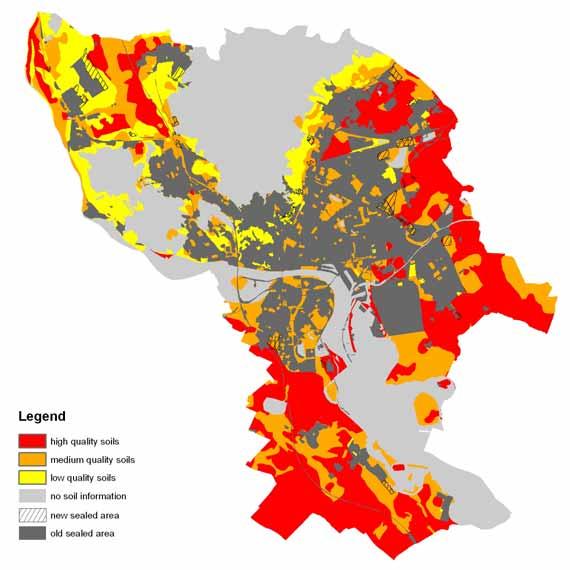 Figure 7. Urban sprawl in Bratislava between 1992 and 2007 on soil quality map Table 4.