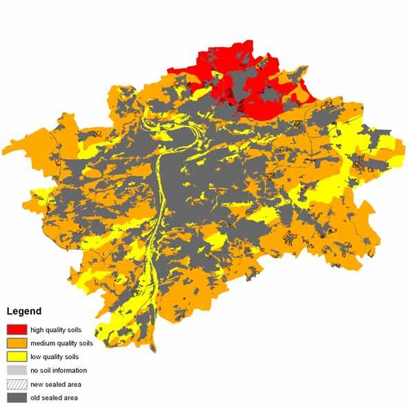 Figure 9. Urban sprawl in Prague between 1990 and 2006 on soil quality map Table 8.
