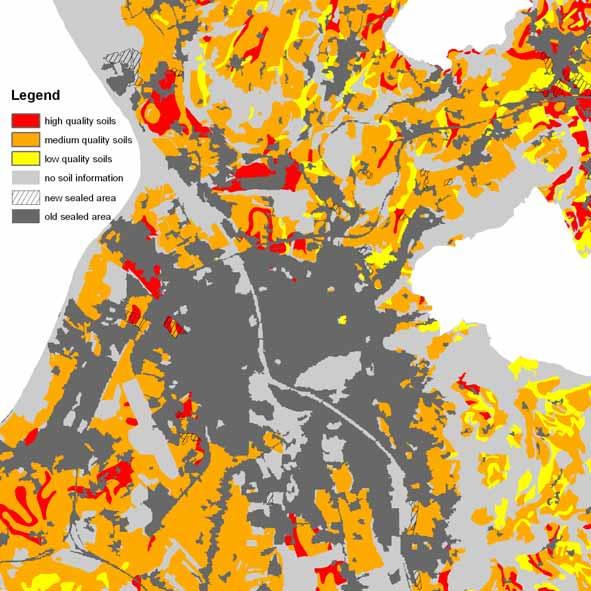 Figure 11. Urban sprawl in Salzburg between 1991 and 2007 on soil quality map Table 12.