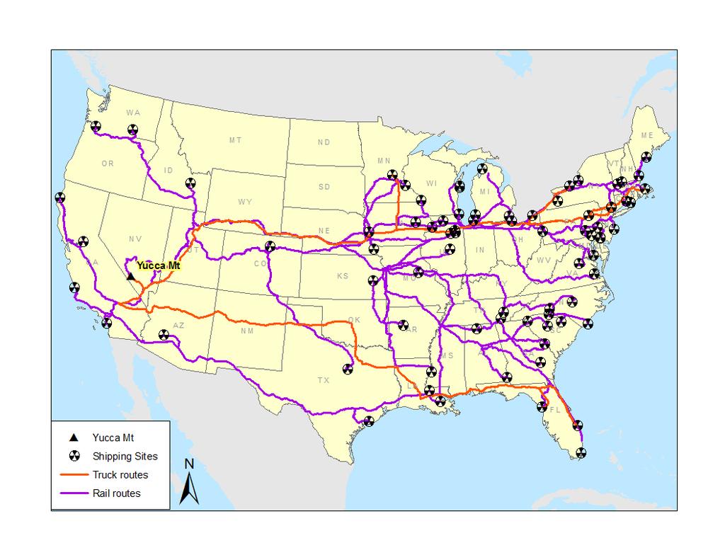 Process FIGURE 1. FSEIS NATIONAL RAIL AND TRUCK ROUTES TO YUCCA MOUNTAIN The steps to implement the study were: 1.