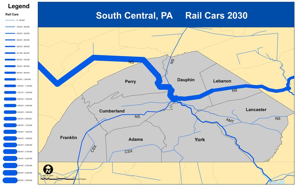 Figure 4.4 shows the base-year and 2030 forecast for rail traffic in the study area. The largest growth is projected on the NS mainline running through Perry, Dauphin, and Lebanon counties.