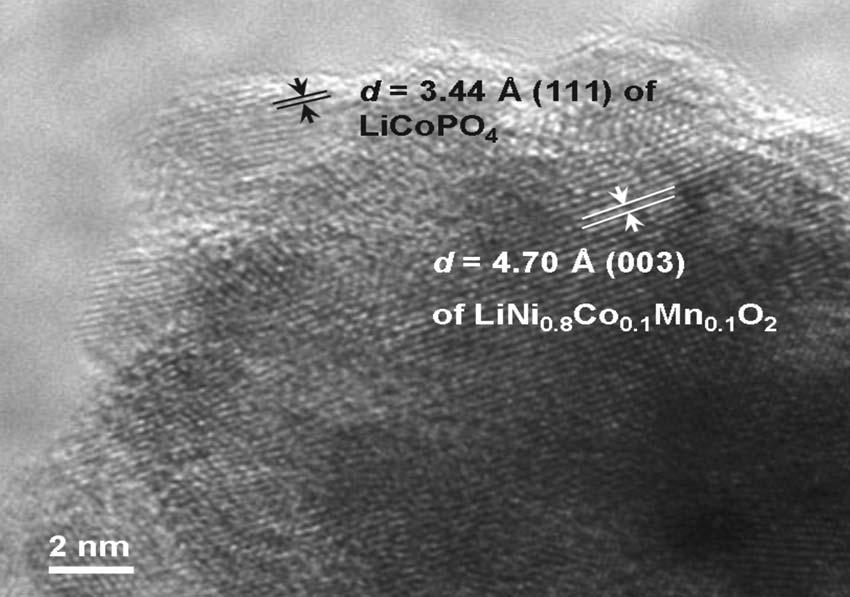 A244 Journal of The Electrochemical Society, 155 3 A239-A245 2008 Figure 10. TEM image of the Co 3 PO 4 2 -coated LiNi 0.8 Co 0.1 Mn 0.1 O 2 cathode after storage at 90 C. odes.