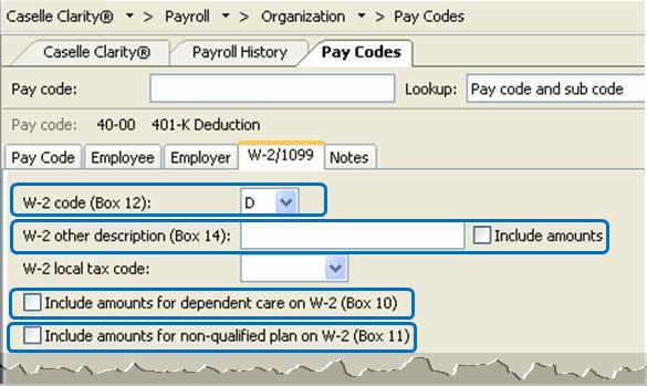 Step 5: Verify W-2 Box 10, 11, 12 and 14 Settings Step 5: Verify W-2 Box 10, 11, 12, and 14 Settings The IRS requires organizations to report specific information in Boxes 10, 11, 12, and 14.