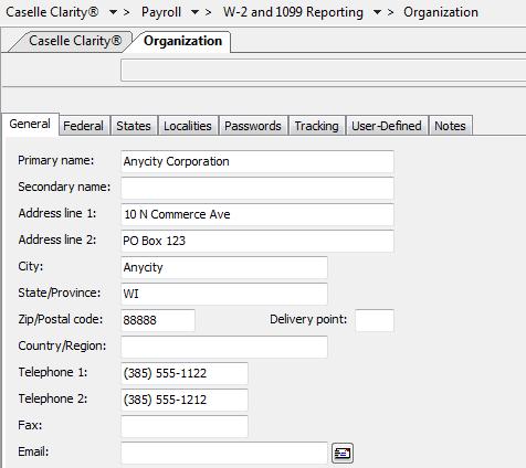 Step 18: Run W-2 and 1099 Application Step 18c Verify Organization W-2 and 1099 Information To verify ID numbers, limits, etc., do this... 1. Open Clarity Payroll > W-2 and 1099 Reporting > Organization.