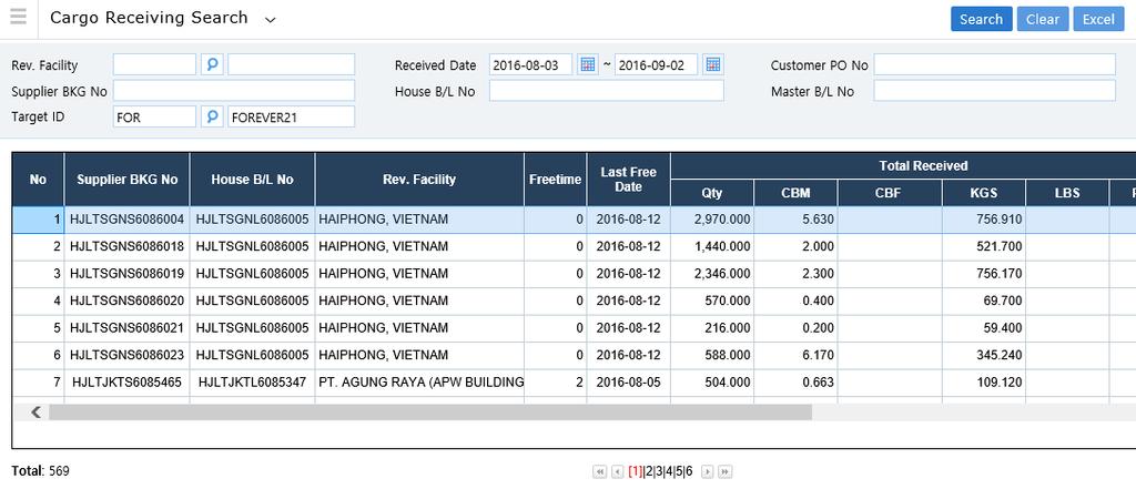 13. Cargo Receiving > Cargo Receiving Search V. Sea Visibility It shows cargo receiving list updated by OMS.