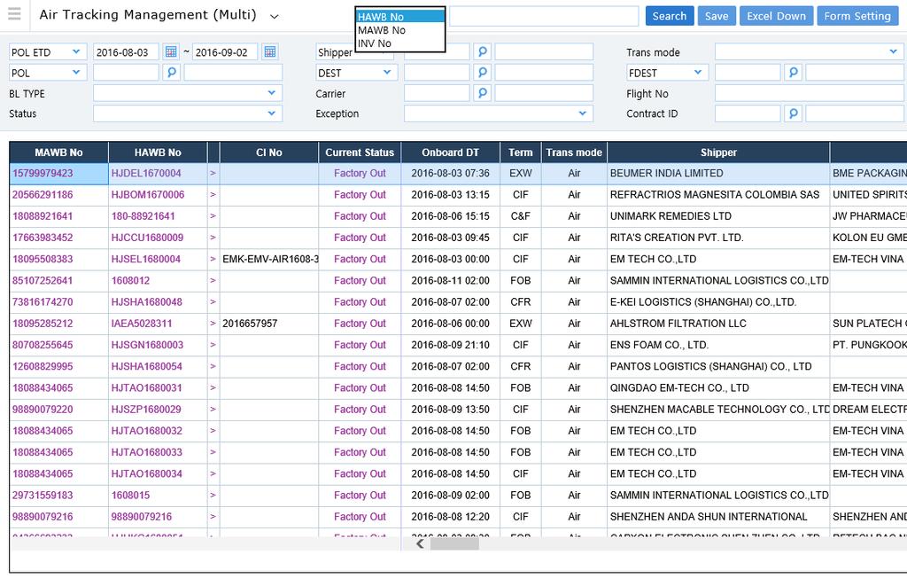 1. Air Tracking Management(Multi) VI. Air Visibility You can update cargo tracking of air shipment in this screen.