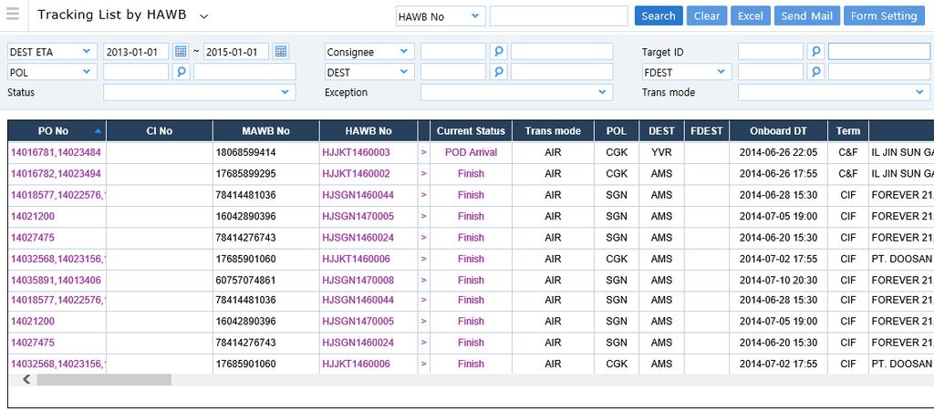 3. Tracking > Tracking List by HAWB VI. Air Visibility You can search tracking list by HAWB.