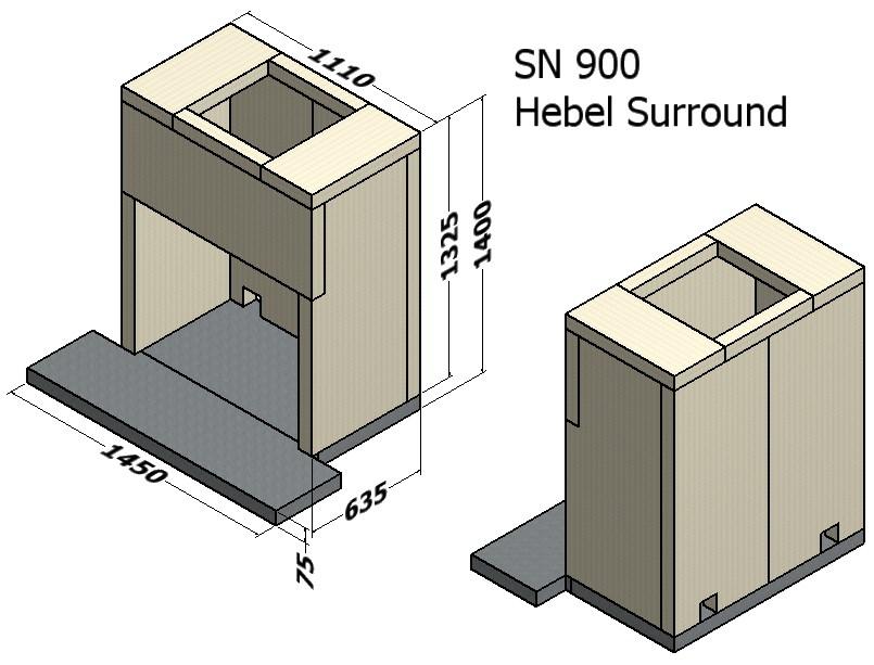 HEBEL HEAT CELL &CUT SIZES FROM PANELS for SN900 The Hebel Heat cell is constructed around the firebox, using 75mm Hebel (see attached minimum spec below).
