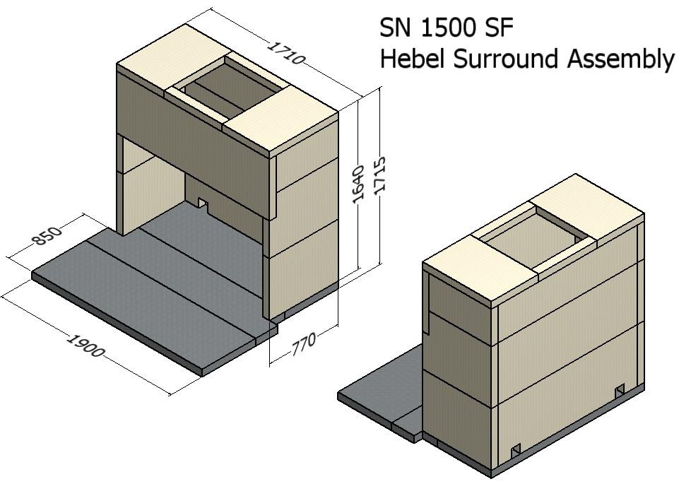 HEBEL HEAT CELL &CUT SIZES FROM PANELS for SN1250 The Hebel Heat cell is constructed around the firebox, using 75mm Hebel (see attached minimum spec below).