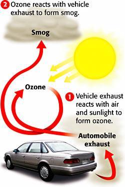 Figure 2 Smog forms when sunlight reacts with ozone and vehicle exhaust. The Formation of Smog Smog forms when ozone and vehicle exhaust react with sunlight, as shown in Figure 2.
