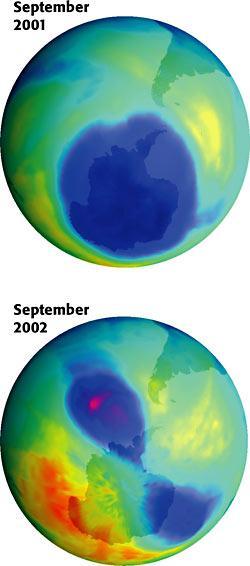 Figure 6 Polar weather conditions cause the size of the ozone hole (shown in blue) to vary.