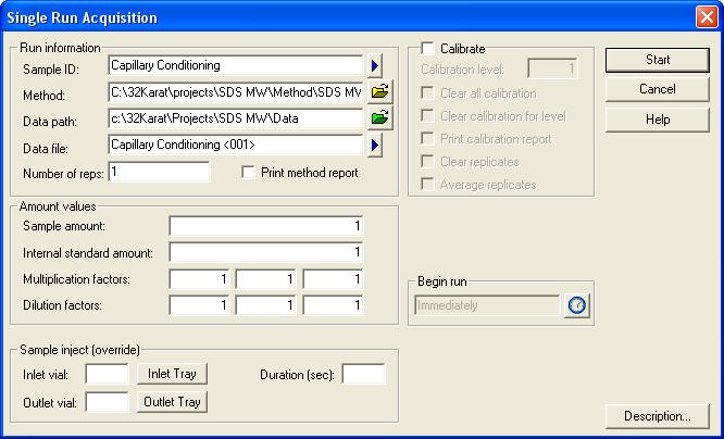 Running the Assay Figure 1.3 Single Run Acquisition Dialog Box 2 From the Method field, click on the Folder icon. 3 Select the SDS MW Conditioning - PA 800 plus.