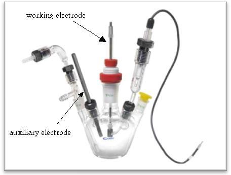 containing two poles made of lead. The specimen for plating is attached to the negative electrode. The positive electrode is attached to the DC power supply.