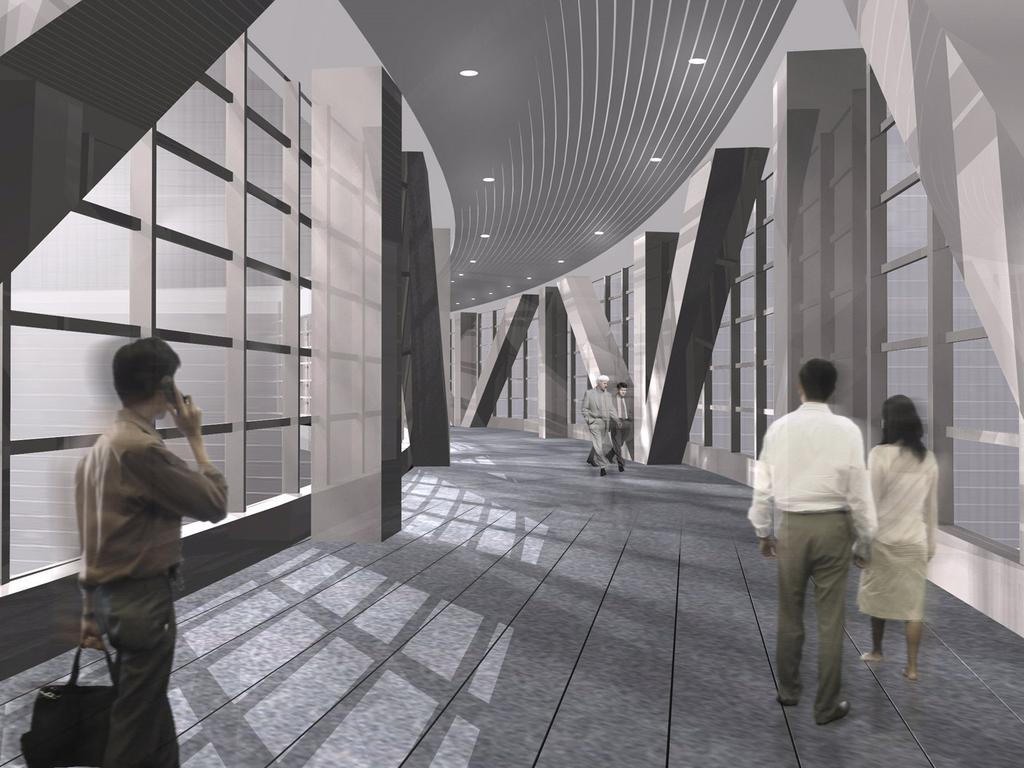 As a major feature of the project, the design architect proposed a curved pedestrian bridge spanning over 60 m (200 ft) between existing Tower 1 and newly constructed Tower 2 at floors 13 to 15.