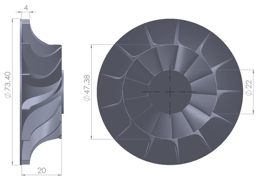 design, the values of 15% and 18% were allocated for the maximum thickness and maximum position respectively. In Figure 4.14, the designed rotor with it major dimensions are displayed.