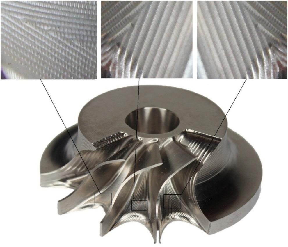 cusp riblets. Figure 5.2 shows rotor sample machined using ball end cutter milling with different surface finish, where cusp riblets are clear in the magnified surfaces.