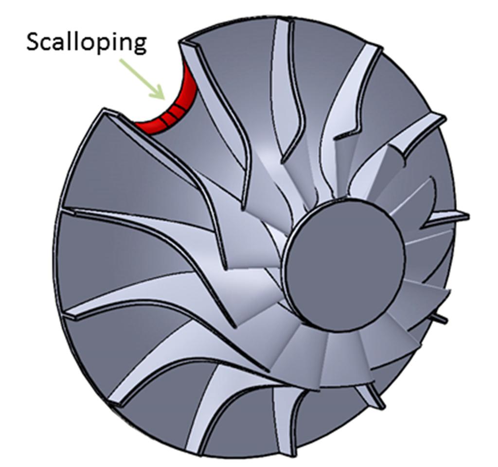 Scalloping loss Scalloping is a method used to reduce the mass and the inertia of the turbine rotor, as well as reducing the stresses at the point of contact between the back face of the rotor and