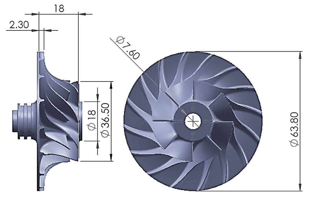Figure 3.10: Impeller geometry After that an array with the required number of vanes is constructed around the rotation axis.