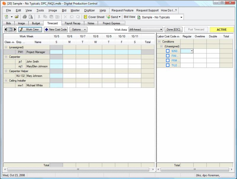 02 The Timecard Tab The Timecard tab has two areas, the Employee Navigator (Timesheet) on the left and the Time Data Entry (Cost Code List) on the right.