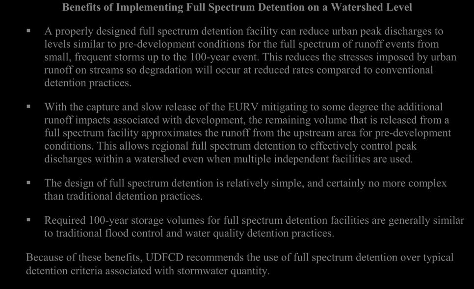 Storage Chapter 12 The upper portion of volume in a full spectrum detention facility is designed to reduce the developed condition 100-year peak discharge down to 90 percent of the pre-development