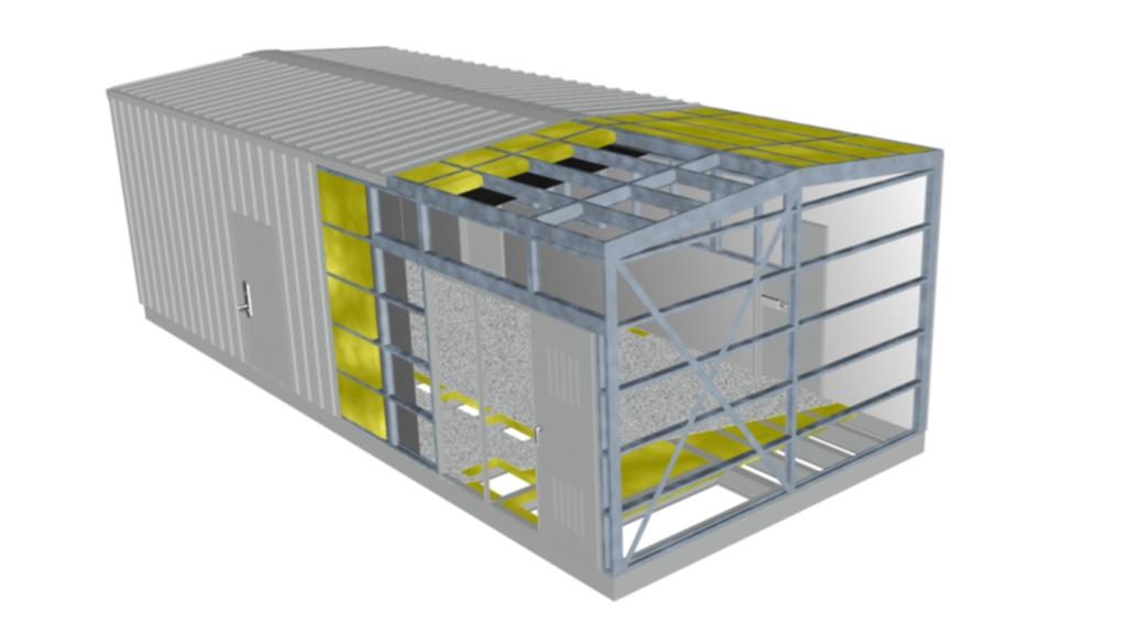 2 Outdoor Walk-in Equipment Building Construction Insulation Walls and roof insulated to customer specifications Siding & Roofing Multi-Rib panels with a Kynar 500 finish Roof & Walls Galvanized