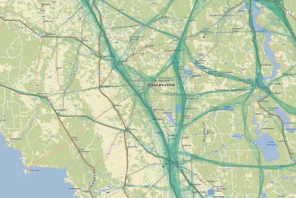 Close-up of route patterns in Gainesville