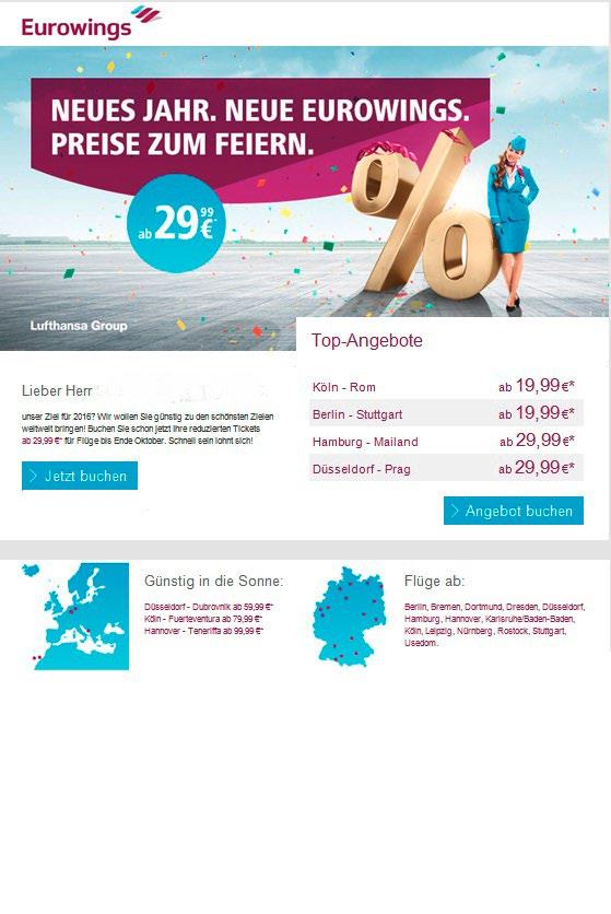 Advertisements in the Eurowings newsletter are perfectly suited for offers regarding all aspects of travel.