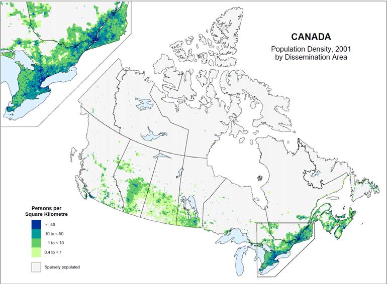 Wireless services in the Canadian context There is huge geographic area to serve, with low overall population density: Canada: 4 people per sq. km. Europe: 70 people per sq. km. US: 30 people per sq.