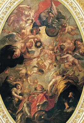James I rising to the heavens as angels prepare to crown him king.