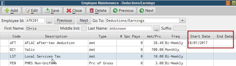 Deduction Start/End Dates A deduction start date can now be specified on a deduction/earning code.