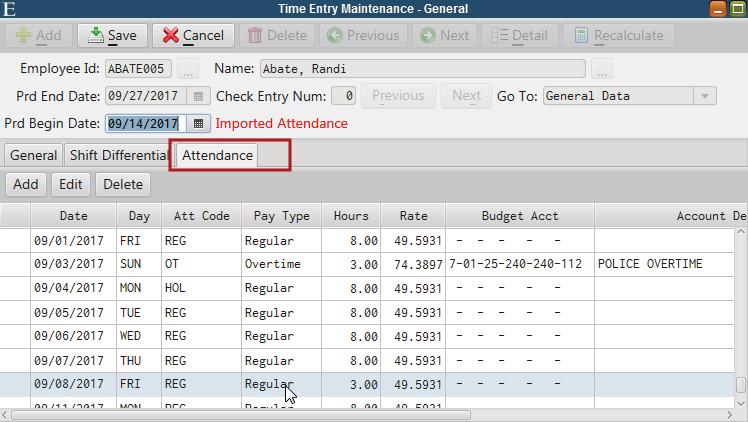 Time Entry Maintenance H/R Attendance users will now notice an Attendance tab on the Time Entry Maintenance. This tab will allow users to modify imported attendance or add new attendance transactions.