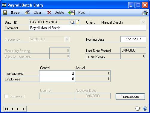 CHAPTER 9 BEGINNING BALANCES To post beginning balances: 1. Open the Payroll Batch Entry window. (HR & Payroll >> Transactions >> Payroll >> Manual Checks >> Batch ID expansion button) 2. Choose Post.