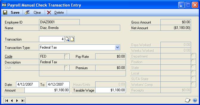 PART 3 TRANSACTIONS You can only select a checkbook ID and check number if you marked Manual Check as your check type. 5. Enter or select the ID of the employee the check was written for. 6.
