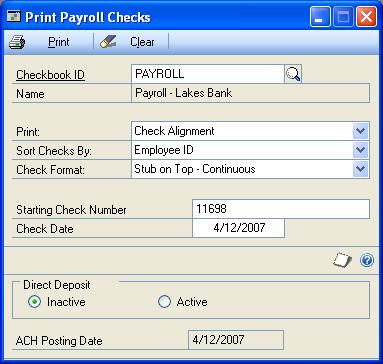 PART 3 TRANSACTIONS To print and post checks: 1. Open the Print Payroll Checks window. (HR & Payroll >> Transactions >> Payroll >> Print Checks) 2.