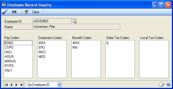 Viewing employee Payroll codes Use the Employee Record Inquiry window to view the pay, deduction, benefit, and state and local tax codes assigned to each employee.