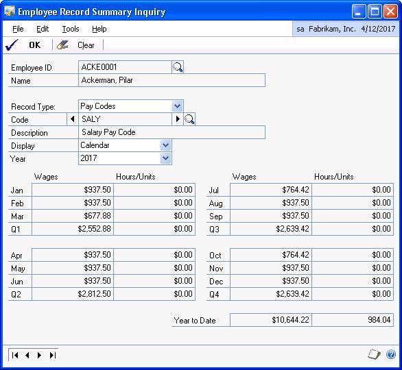 CHAPTER 13 EMPLOYEE INQUIRIES Viewing paycheck summary information by codes Use the Employee Record Summary Inquiry window to view summary information for individual pay, deduction, benefit, and