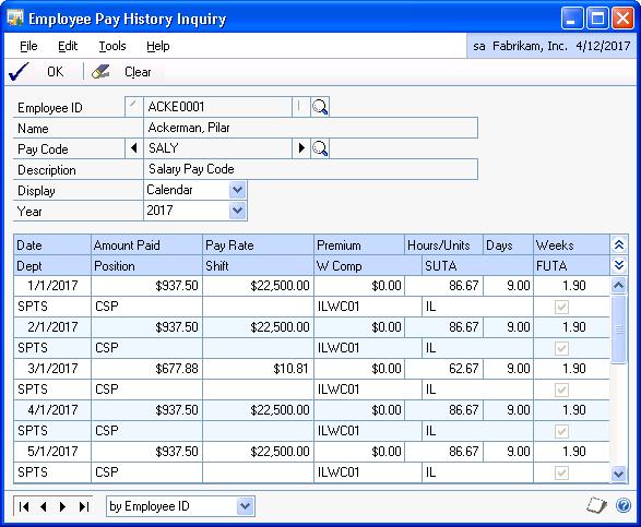 CHAPTER 13 EMPLOYEE INQUIRIES Viewing historical paycheck information by codes Use the Employee Pay History Inquiry window to view employee pay history information in a selected year.