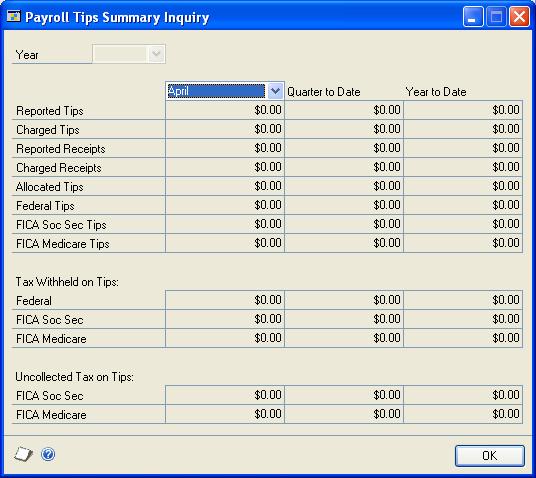 PART 4 INQUIRIES AND REPORTS Viewing Payroll and tips breakdown information Use the Payroll Tips Summary Inquiry window to view monthly (or periodic), quarterly, and yearly tips wage and tax