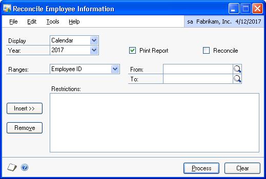 PART 5 UTILITIES To reconcile employee records: 1. Open the Reconcile Employee Information window. (HR & Payroll >> Utilities >> Payroll >> Reconcile) 2.