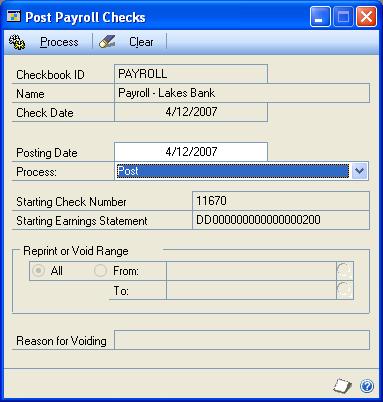 CHAPTER 28 PAYROLL DIRECT DEPOSIT ROUTINES Posting checks using Payroll Direct Deposit Use the Post Payroll Checks window to post checks.