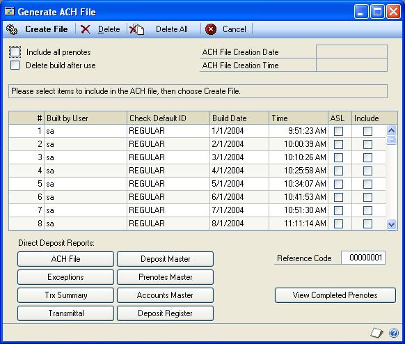 PART 7 PAYROLL DIRECT DEPOSIT To generate an ACH file: 1. Open the Generate ACH File window. (HR & Payroll >> Transactions >> Payroll >> Generate ACH File) 2.