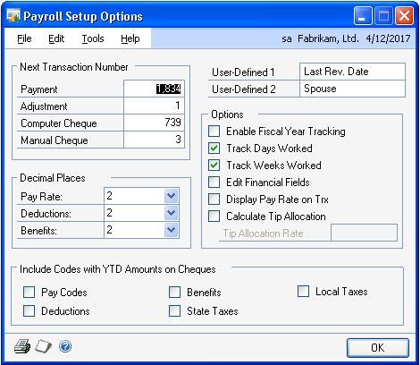 CHAPTER 1 SETTING UP PAYROLL 10. Choose Options to open the Payroll Setup Options window and enter additional Payroll default entries. 11.